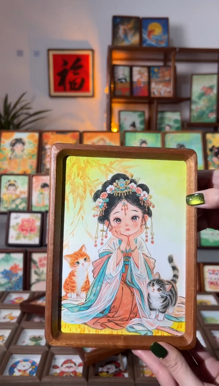 【闪购商品】国画猫咪女孩 手绘国画7寸