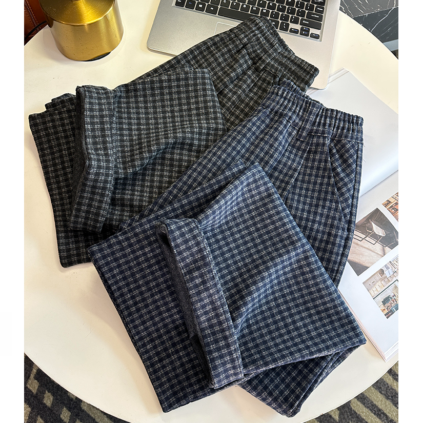 韩系百搭毛呢格子休闲裤女秋季新款小个子显瘦松紧高腰阔腿九分裤