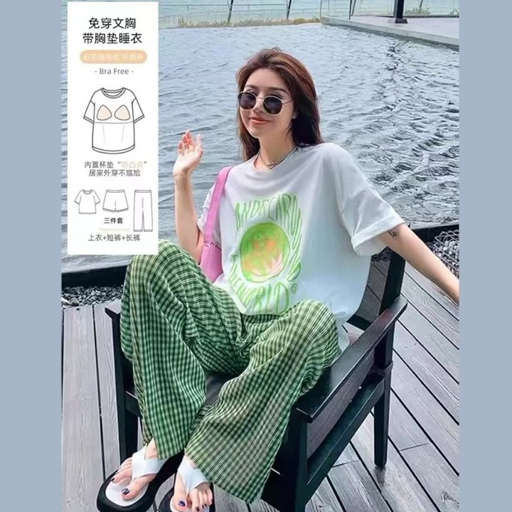2025年新款透气青年女常规款家居服三件套带胸垫上衣显瘦夏装时尚