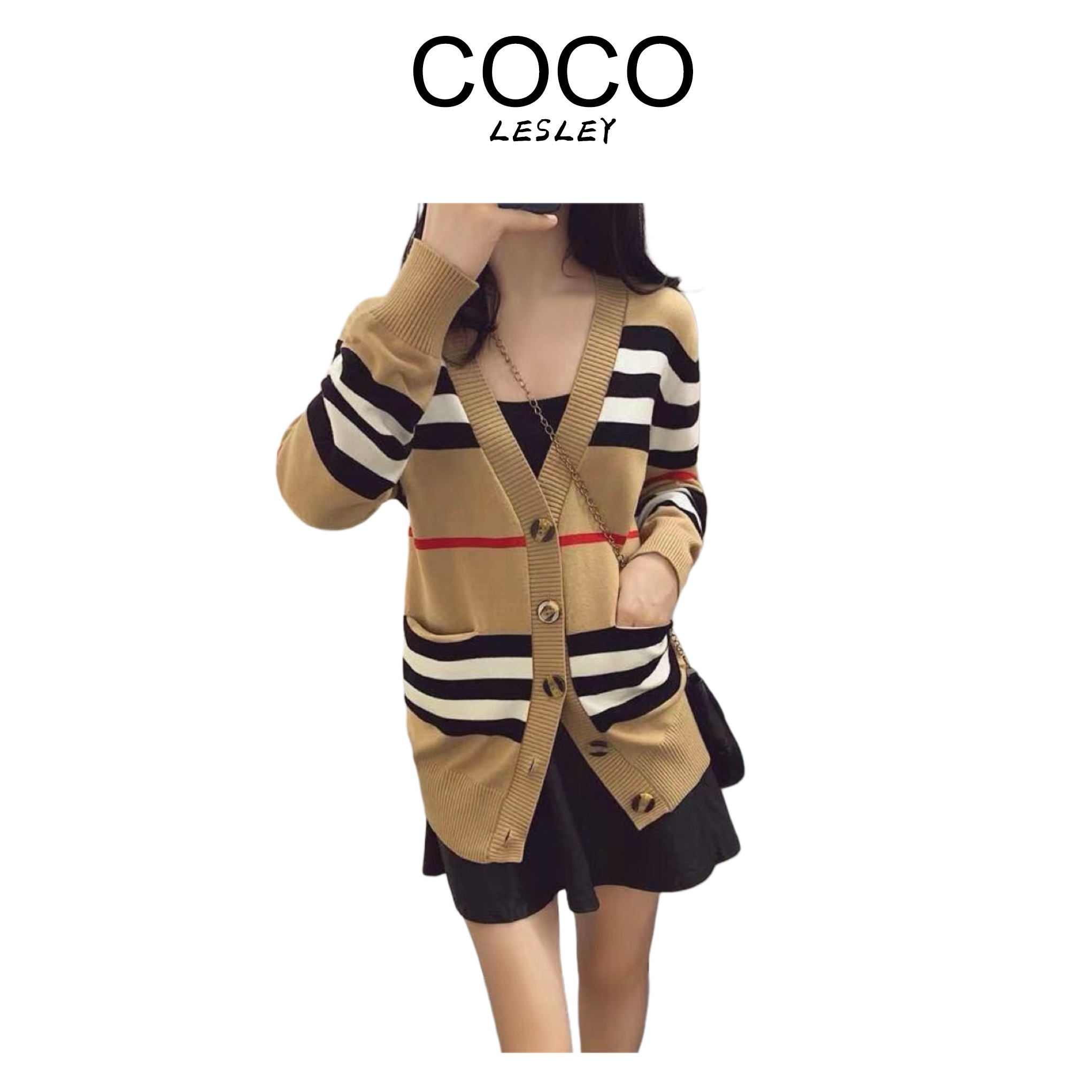 【COCO LESLEY】轻奢条纹带兜长袖V领针织开衫-017-B
