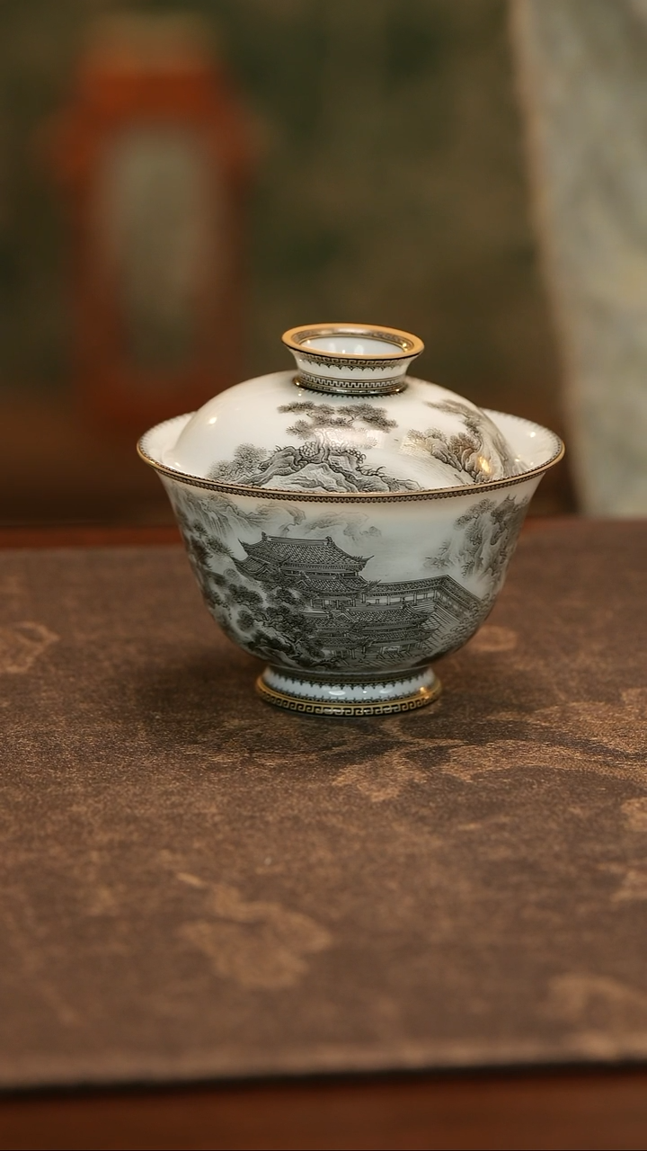 倆**风手绘墨彩阿房宫岩茶盖碗