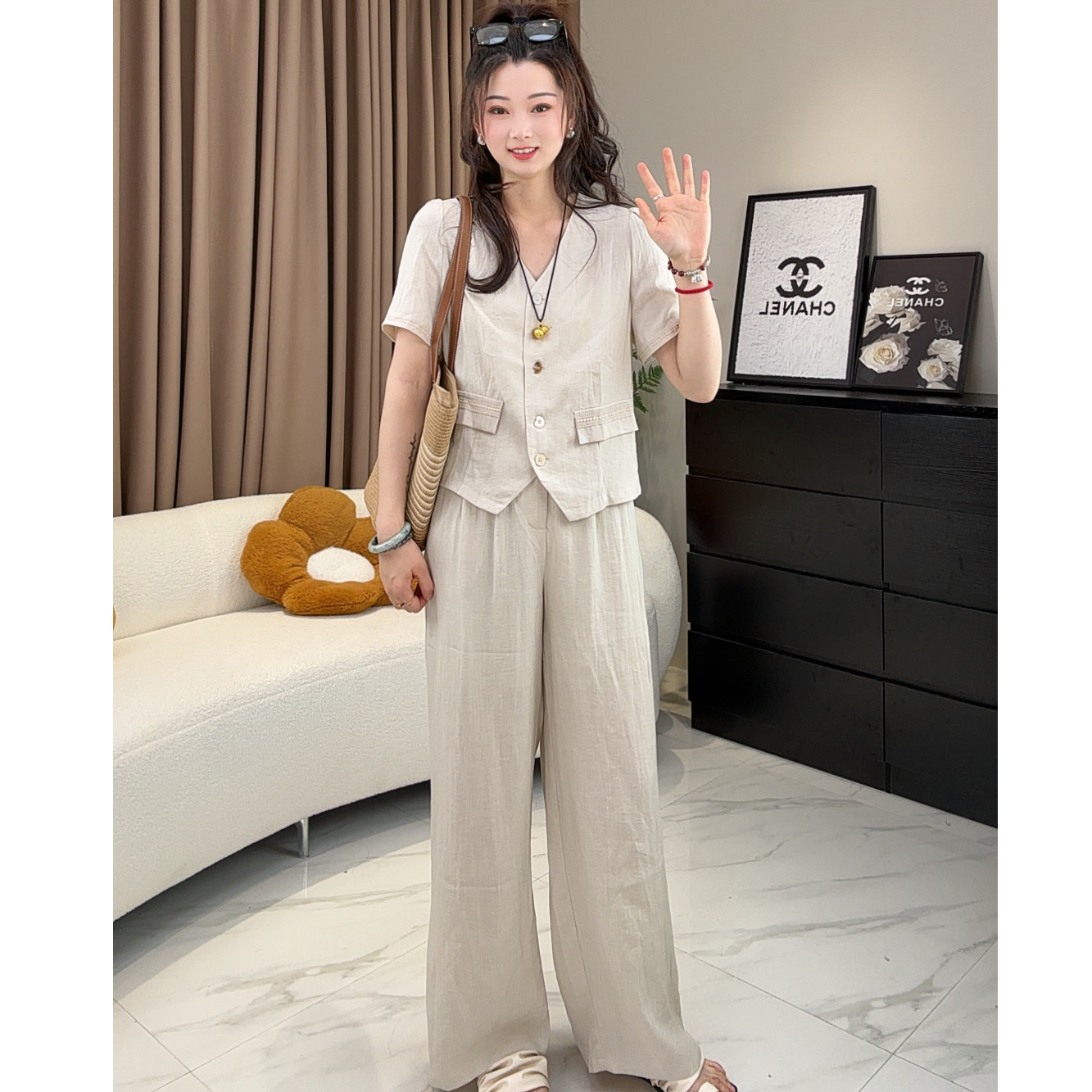 9898法式气质高级感穿搭套装女夏季新款老钱风上衣阔腿裤两件套