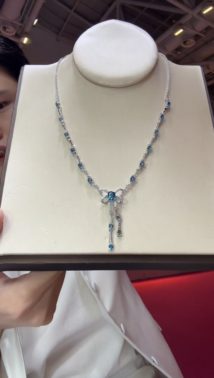 颈饰银S925镶嵌托帕石伦敦蓝套链高级款