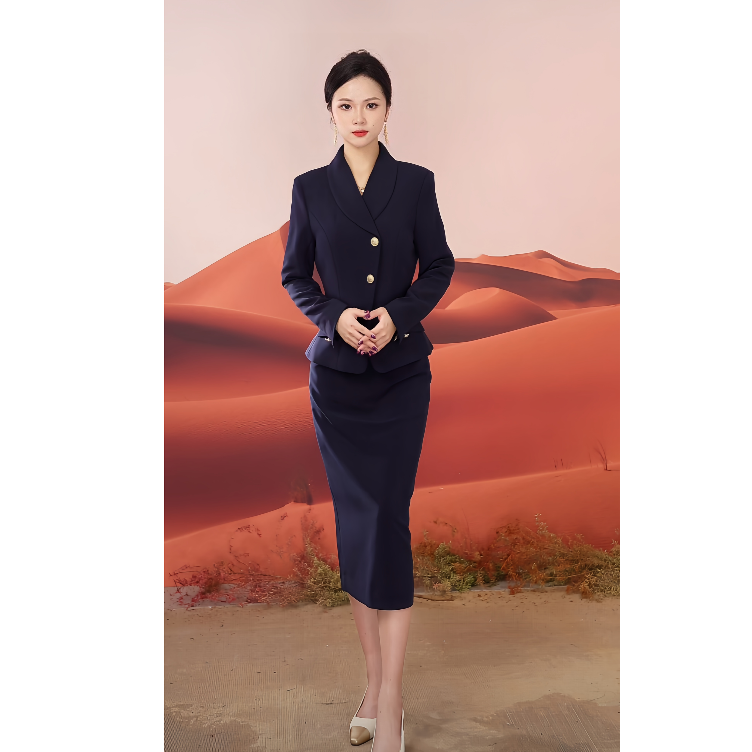 2025年新款藏青色西装套裙女秋冬时尚高端通勤职业加长裙修身显瘦