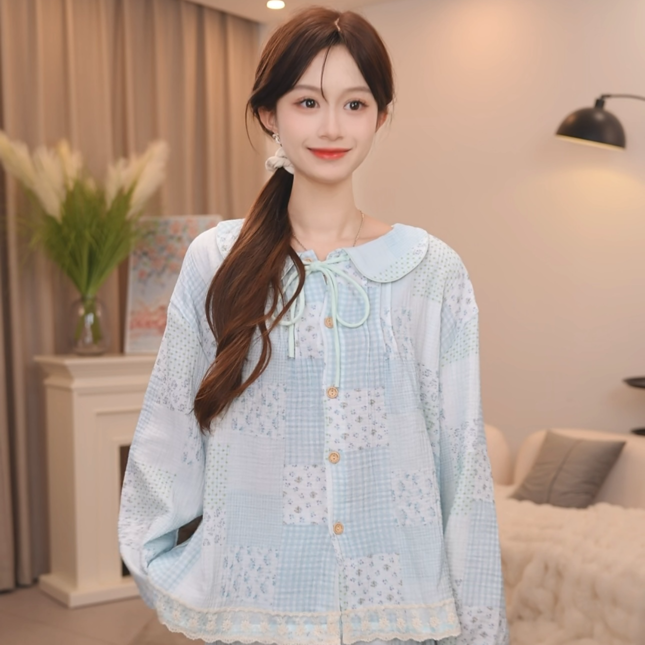 板栗小姐【蓝梦A】新款女士春秋甜美风高级睡衣家居服套装可外穿