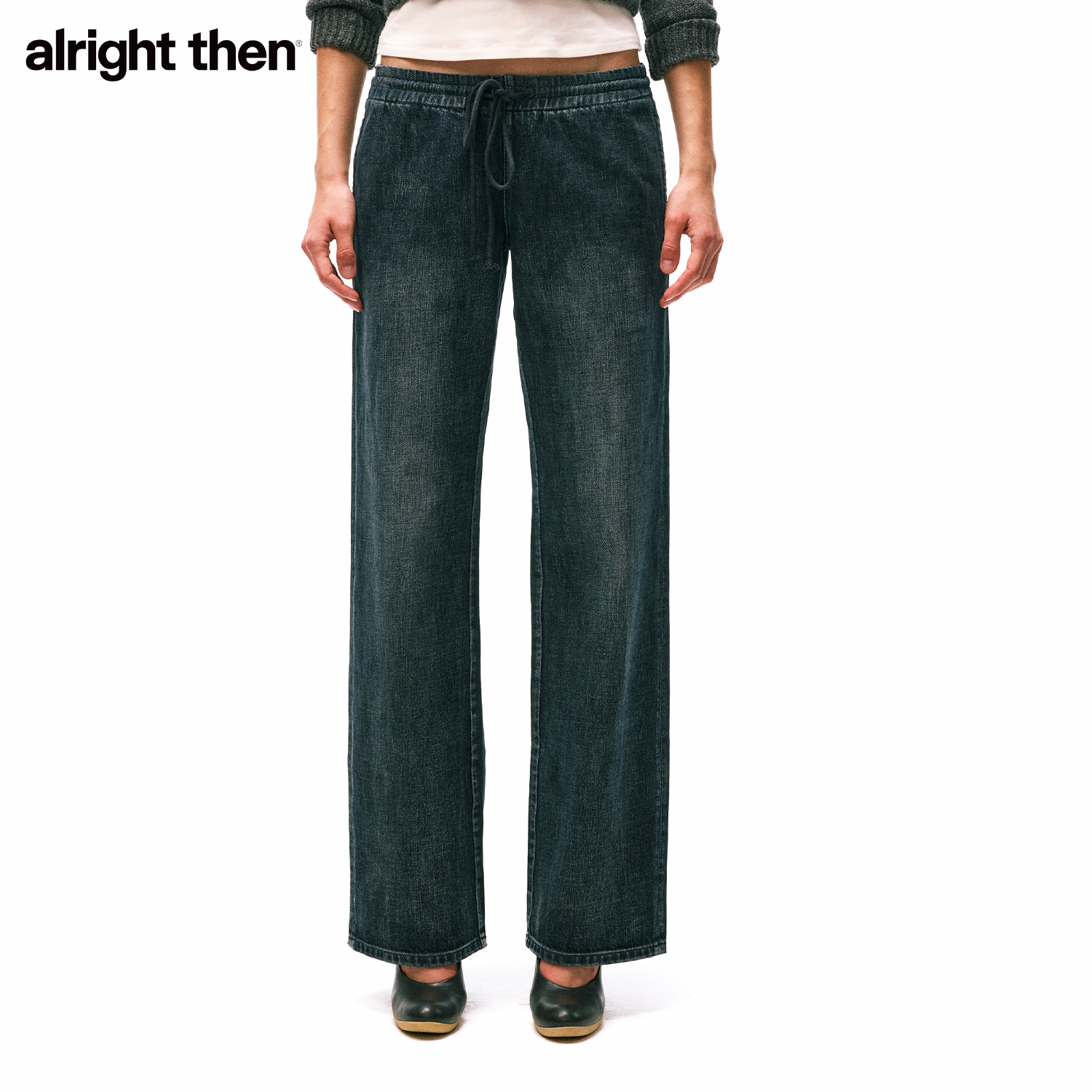 alright then1224L100%棉石磨低腰直筒低腰弹力修身抽绳牛仔裤