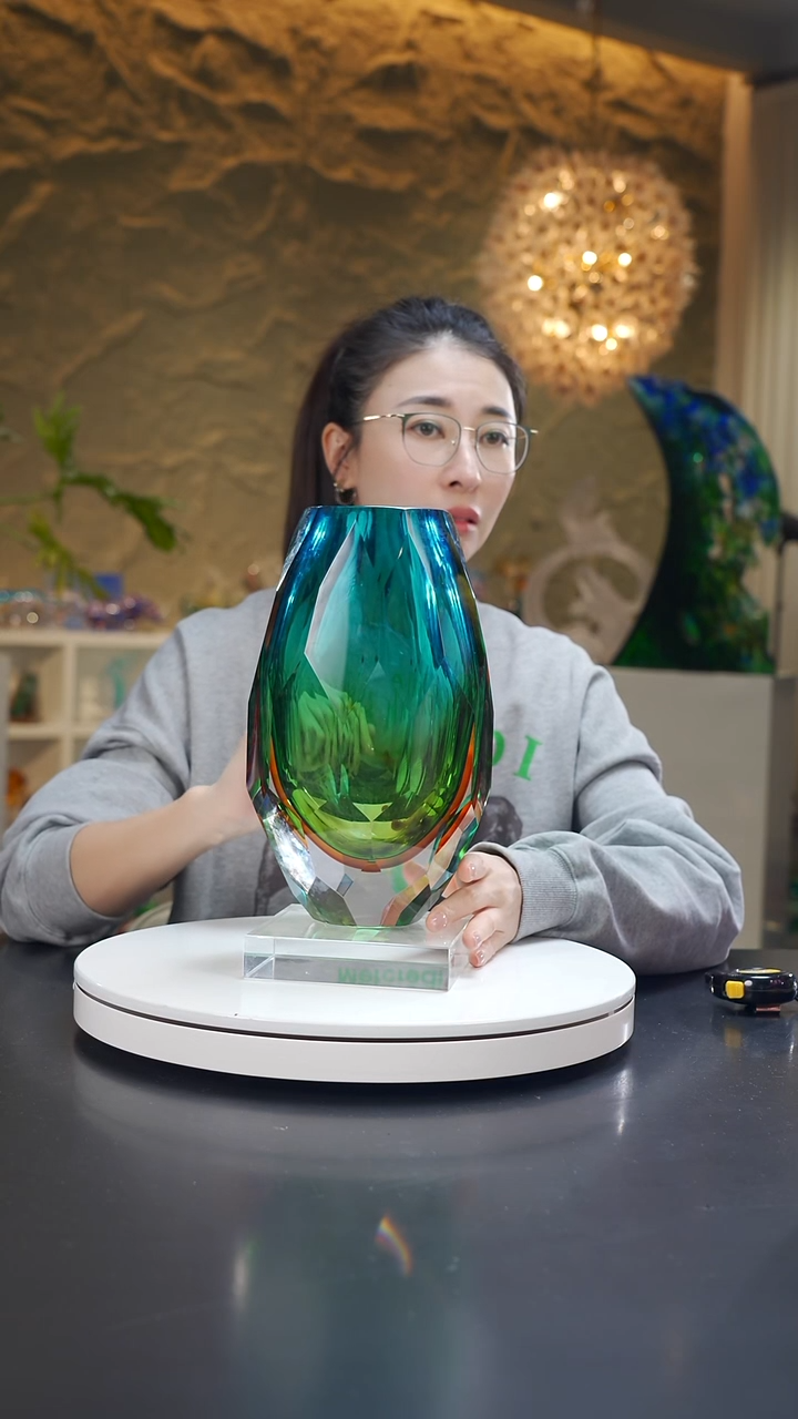 手工艺品琉璃宝石蓝琥珀金扁口花器