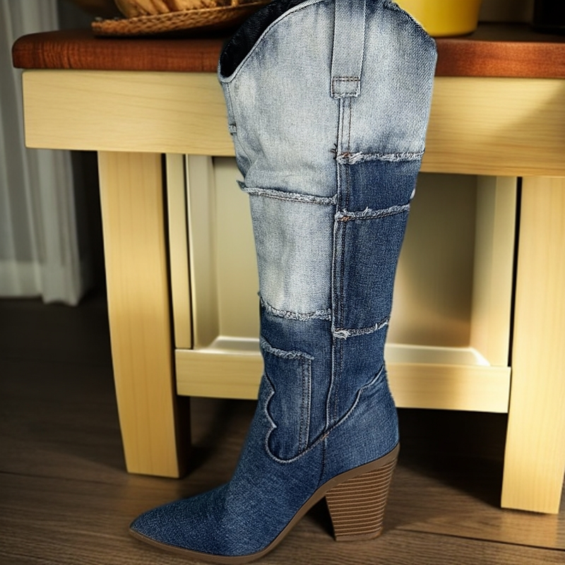 906-1复古粗跟长筒靴春秋季做牛仔布西部牛仔长靴女