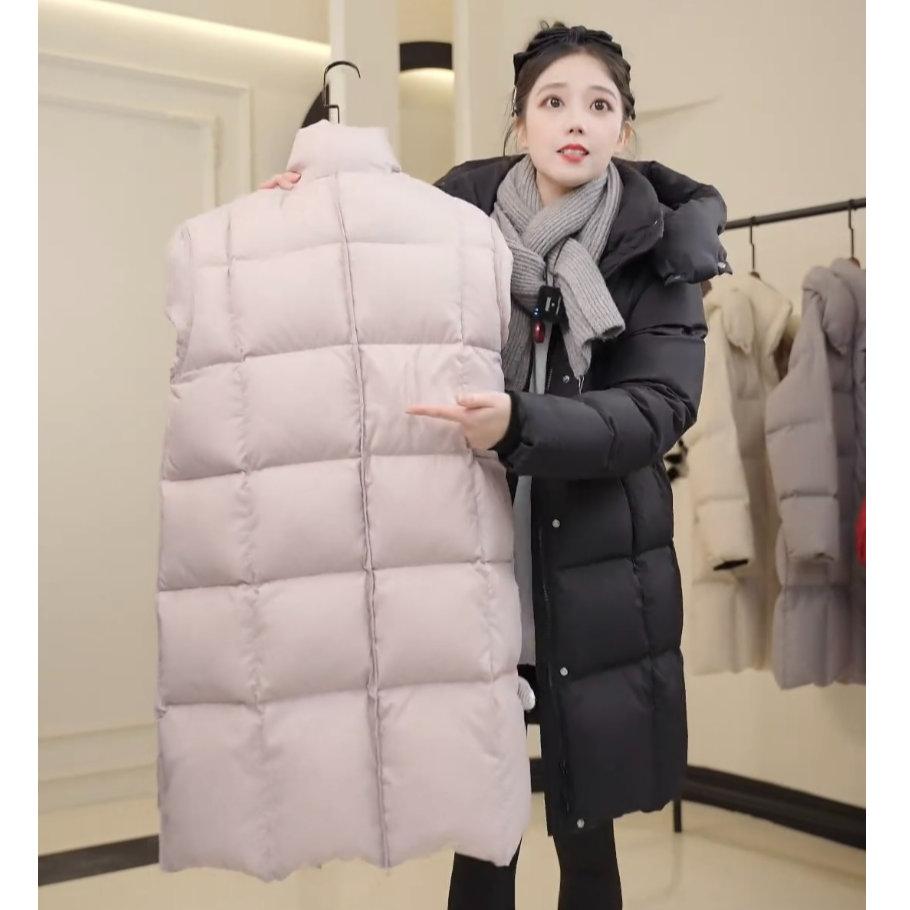 中长款百搭韩版黑袖口羽绒服女宽松冬装加厚韩版连帽休闲气质