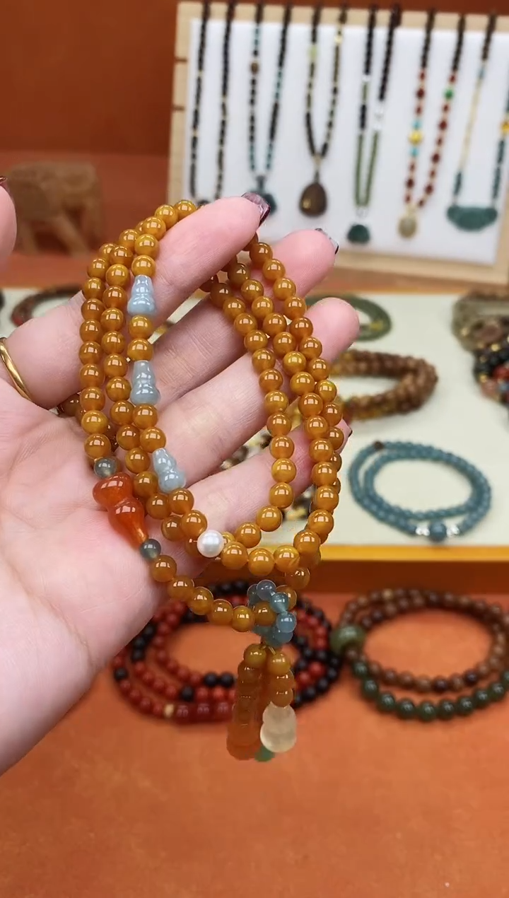 手链蜜蜡未镶嵌多圈蜜蜡蓝水葫芦手链