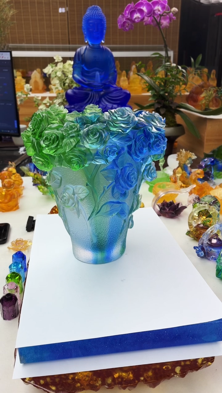 手工艺品琉璃蓝绿色玫瑰花花瓶20*18公分