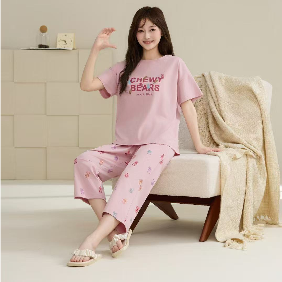 7470女士爽棉睡衣套装高品质短袖八分裤女士家居服睡衣女套装
