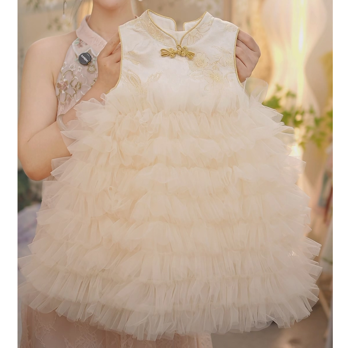 现货【国色芳华】SC528女童2025秋季新中式国风网纱马甲旗袍裙