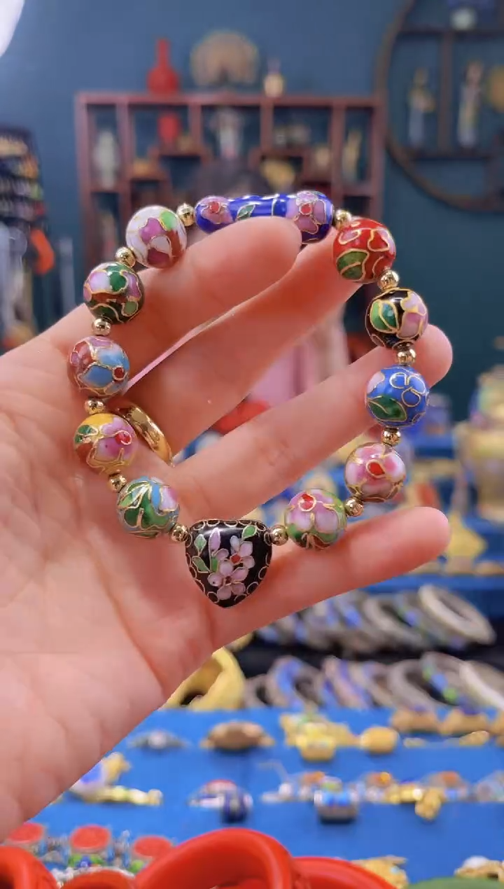 非遗技艺 景泰蓝手串 多宝 1.2 桃心款 黑