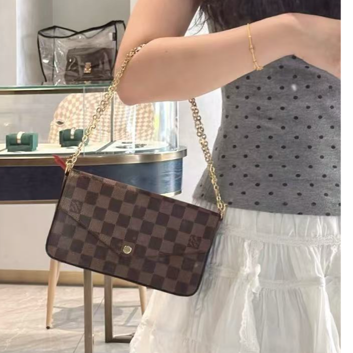 95新 LouisVuitton/路易威登 三合一棕色棋盘格链条包配件防尘袋 
