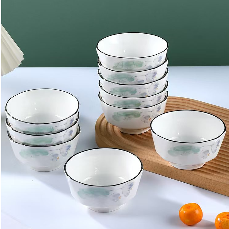 10个装墨荷4.5英寸米饭碗陶瓷釉下彩