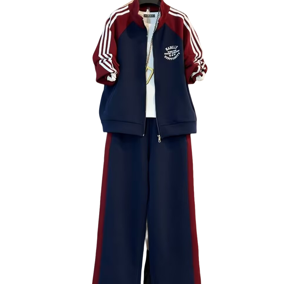 大维罗依TZ新款大码拼色百搭显瘦休闲扒条套装