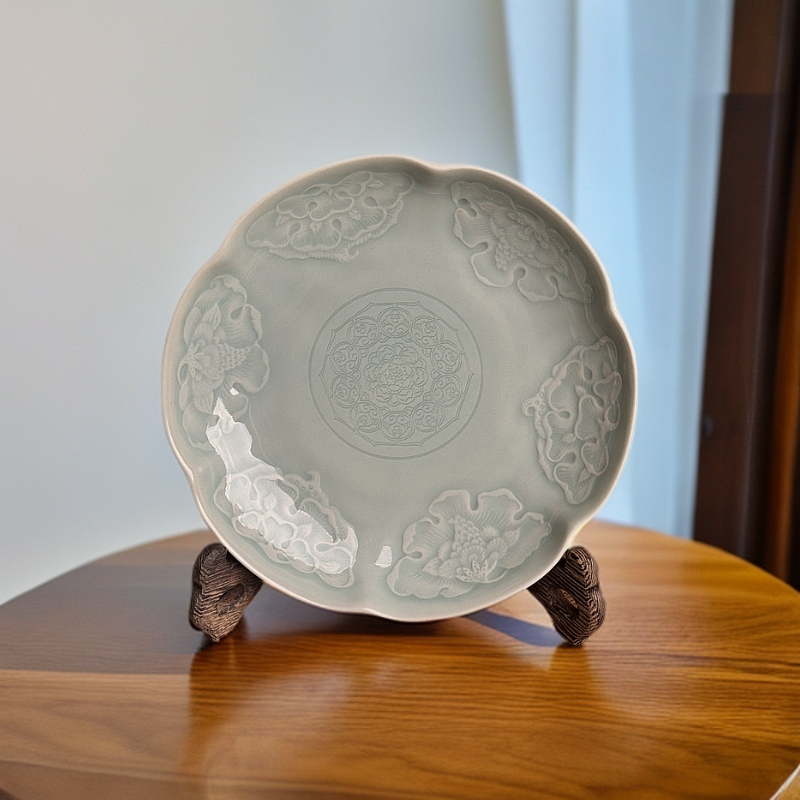 长安知己非遗耀州窑青瓷「花舞大唐葡萄花口盘」浮雕茶盘餐盘18cm