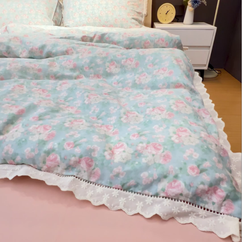 升级版重工镂空蕾丝花边全棉纱布棉套件床单加厚人字纹提花纱布棉