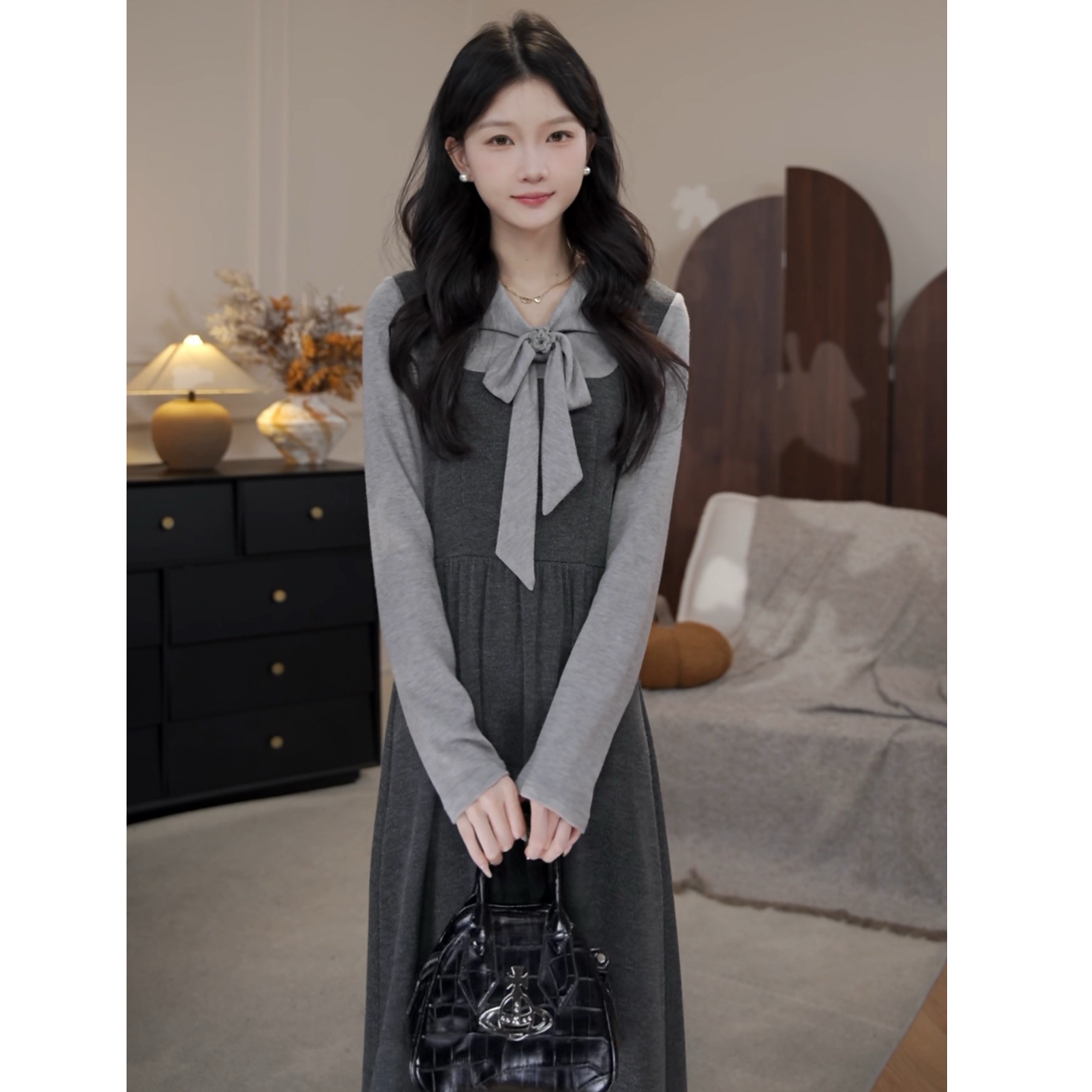 鹿向南「岛屿暮色」法式气质设计感女秋冬新款学院风假两件连衣裙