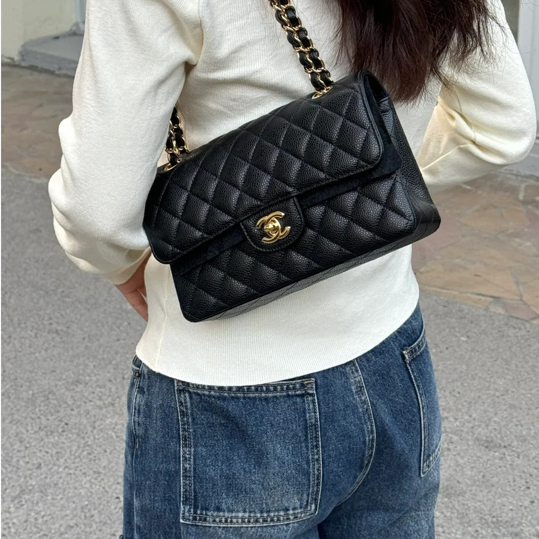 99新 Chanel/香奈儿 小花JerryCF 经典款 口盖包 小号 黑色 31开
