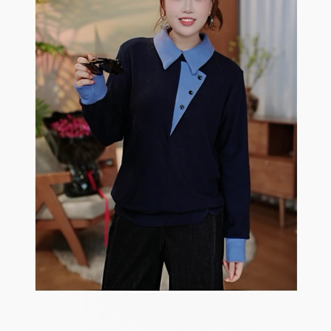 2025冬新女上衣大码撞色翻领衬衣加绒时尚休闲宽松显瘦拼接设计感