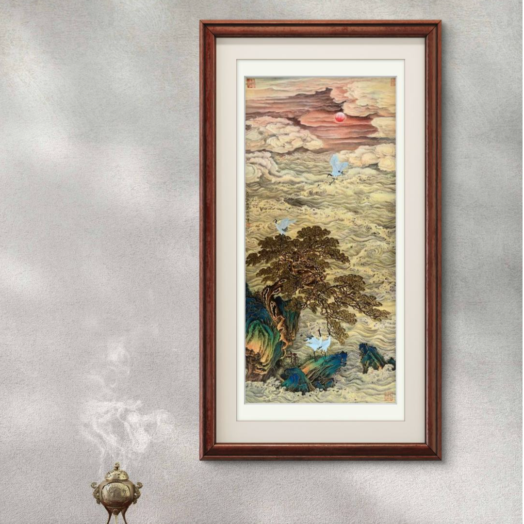 【宫彩手绘描金】王琳 手绘国画 —《瑞鹤云涛图》