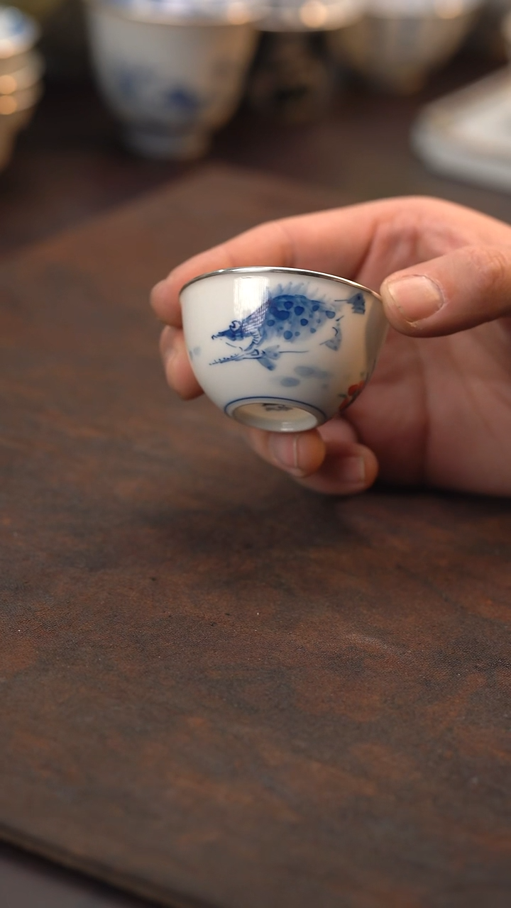 手绘鳜鱼蛋壳杯包银口微瑕不退不换