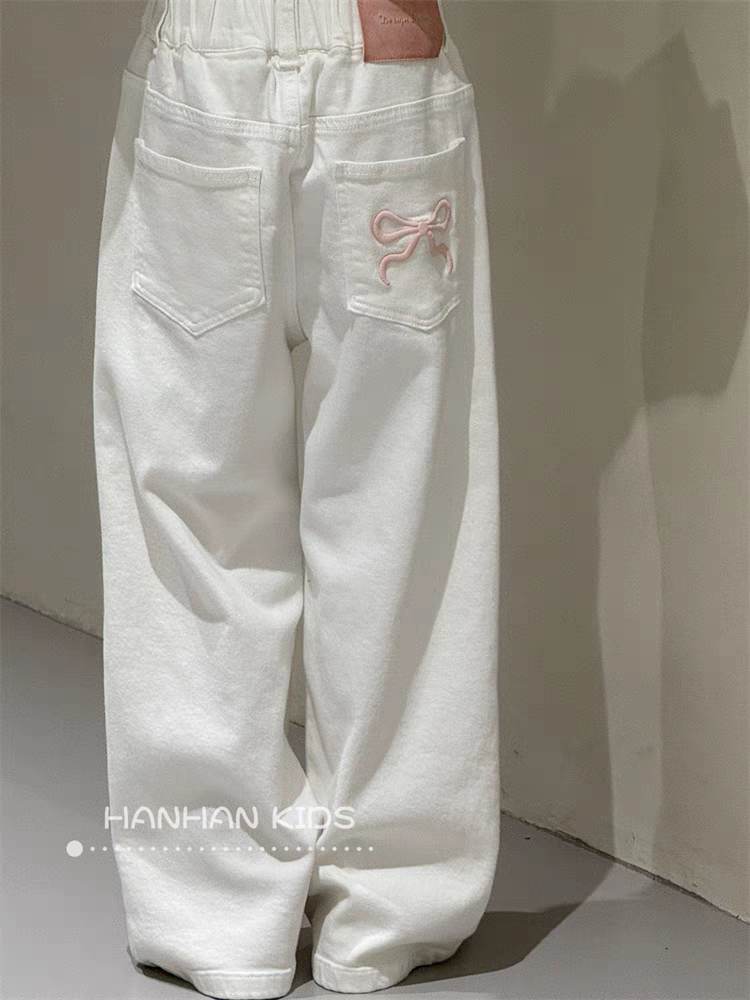 女童白色牛仔裤儿童宽松休闲直筒裤女大童裤子潮中大童窄版阔腿裤