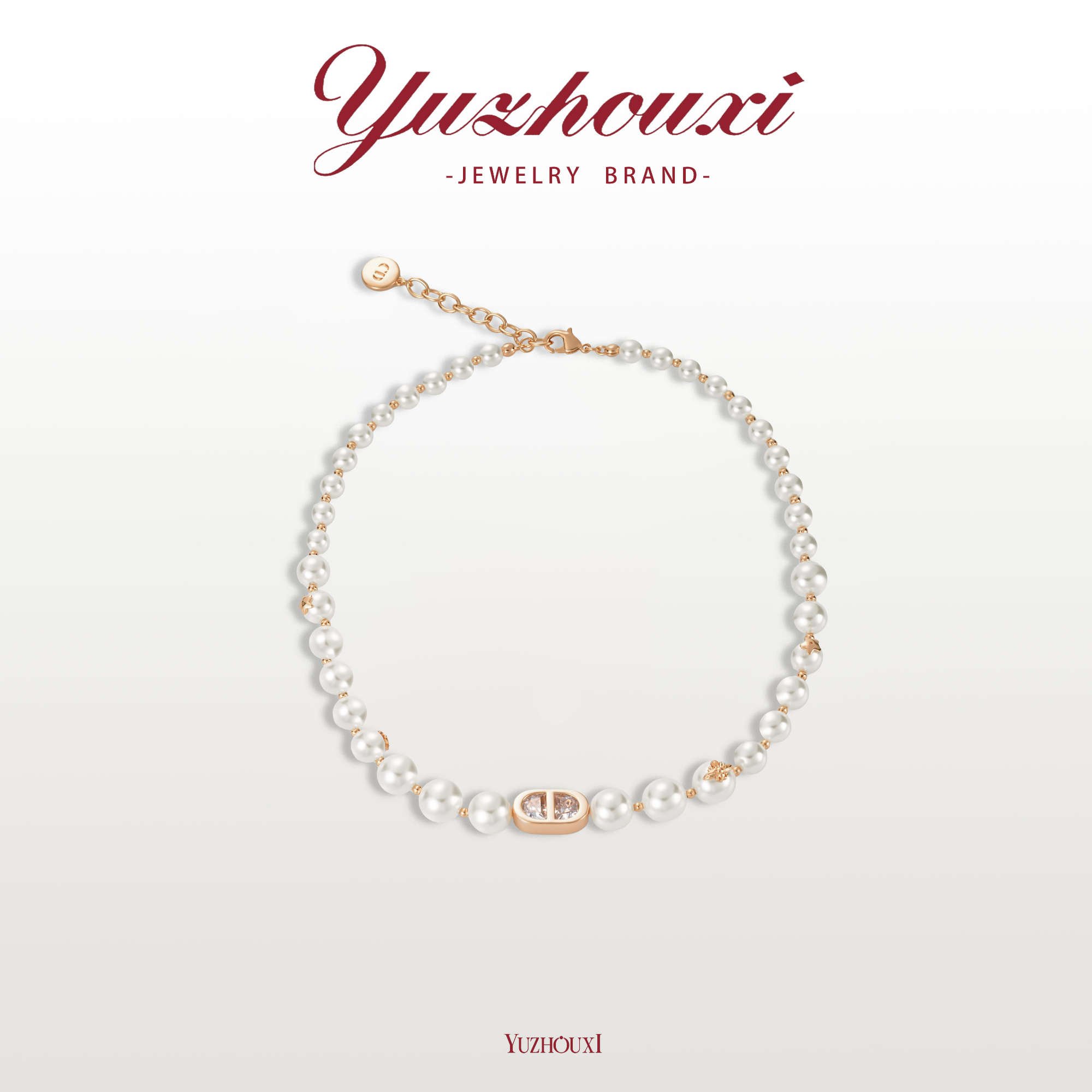 铜合金仿珍珠项链  I1-741【粉金白锆猪鼻子项链】