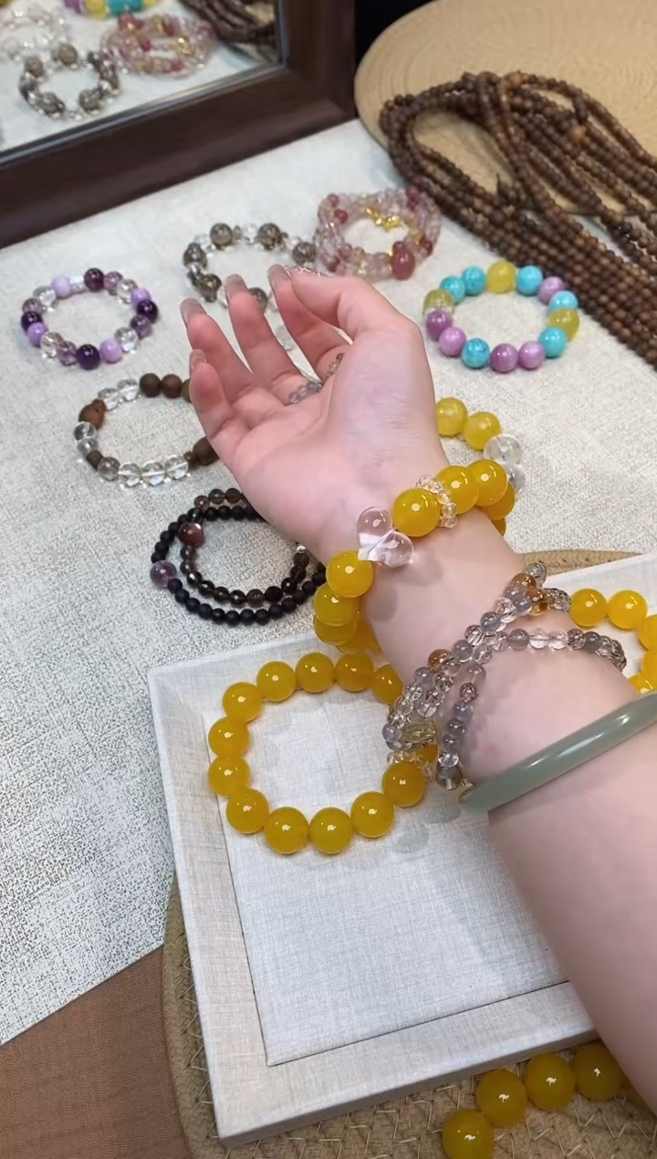 合金手链水晶《黄桃心》白水晶黄玛瑙设计款手串14-15mm多样性发一