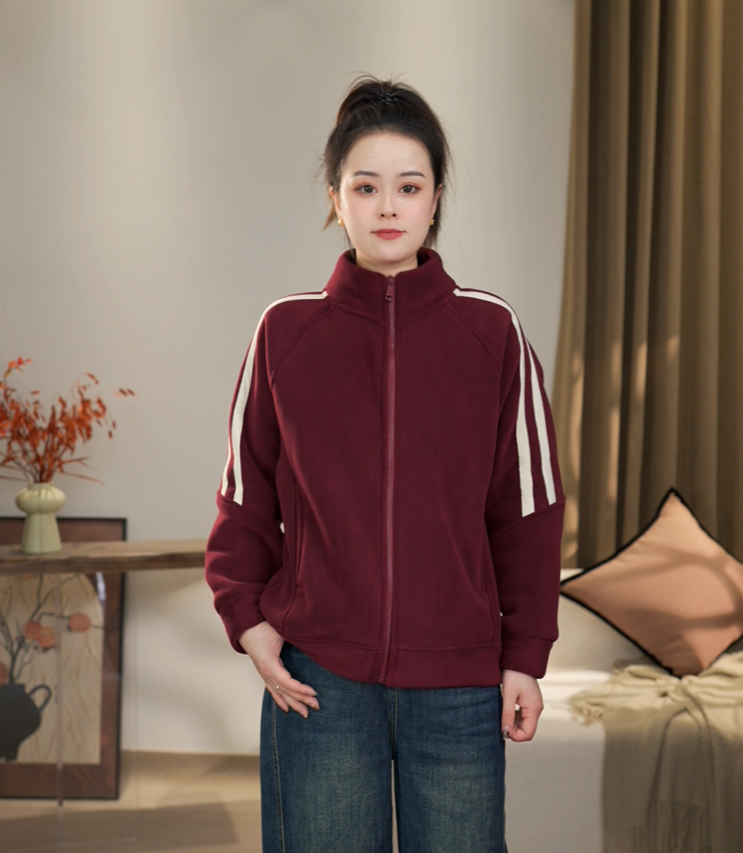 冬季加绒加厚时尚休闲运动百搭立领双面澳粒绒保暖开衫立领外套