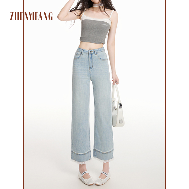 真衣坊蕾丝直筒九分牛仔裤女2025夏季薄款宽松高腰小个子烟管裤