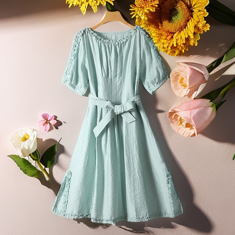 高货吊牌1499【DY】莱赛尔提花木耳边连衣裙女品牌折扣25夏