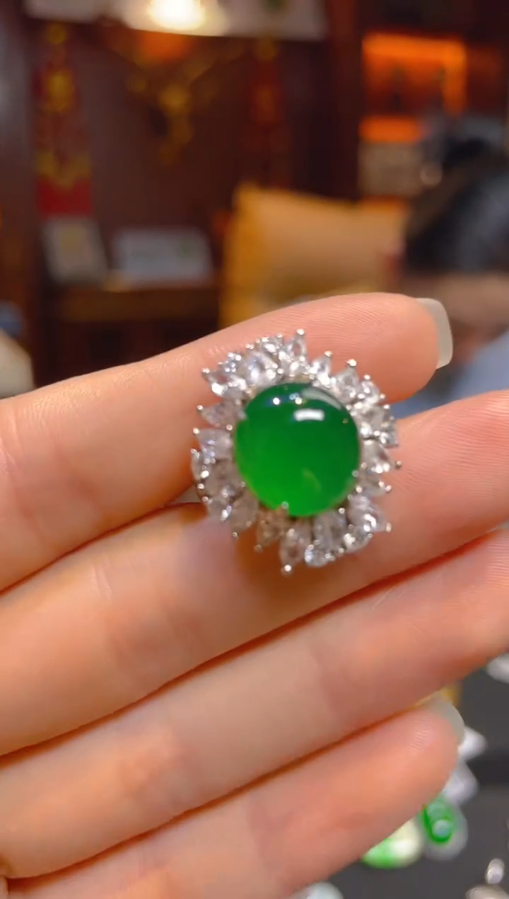 【闪购商品】翡翠戒指银S925镶嵌119793天然A货翡翠戒指