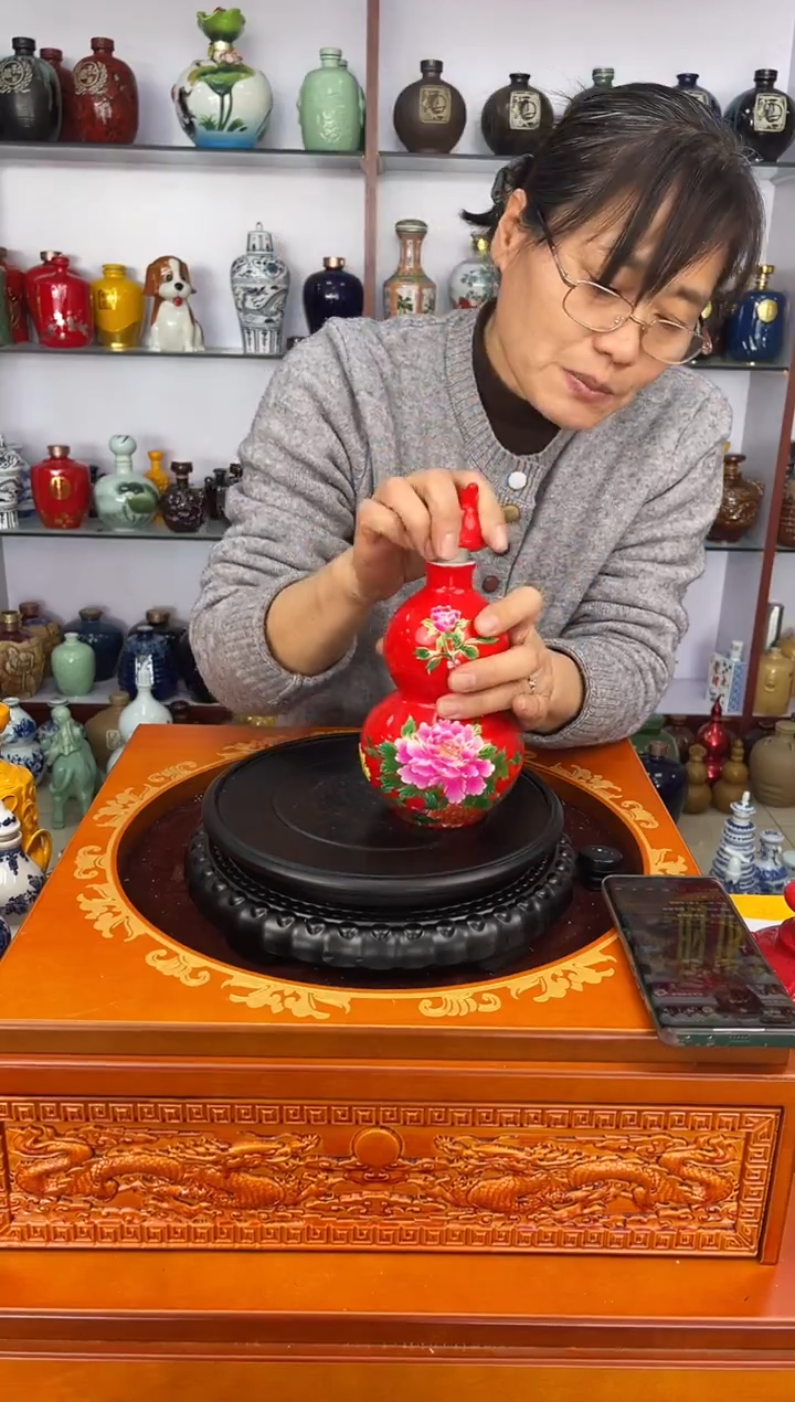 瓶瓷 1 斤装红牡丹花葫芦2个    陶瓷空酒坛