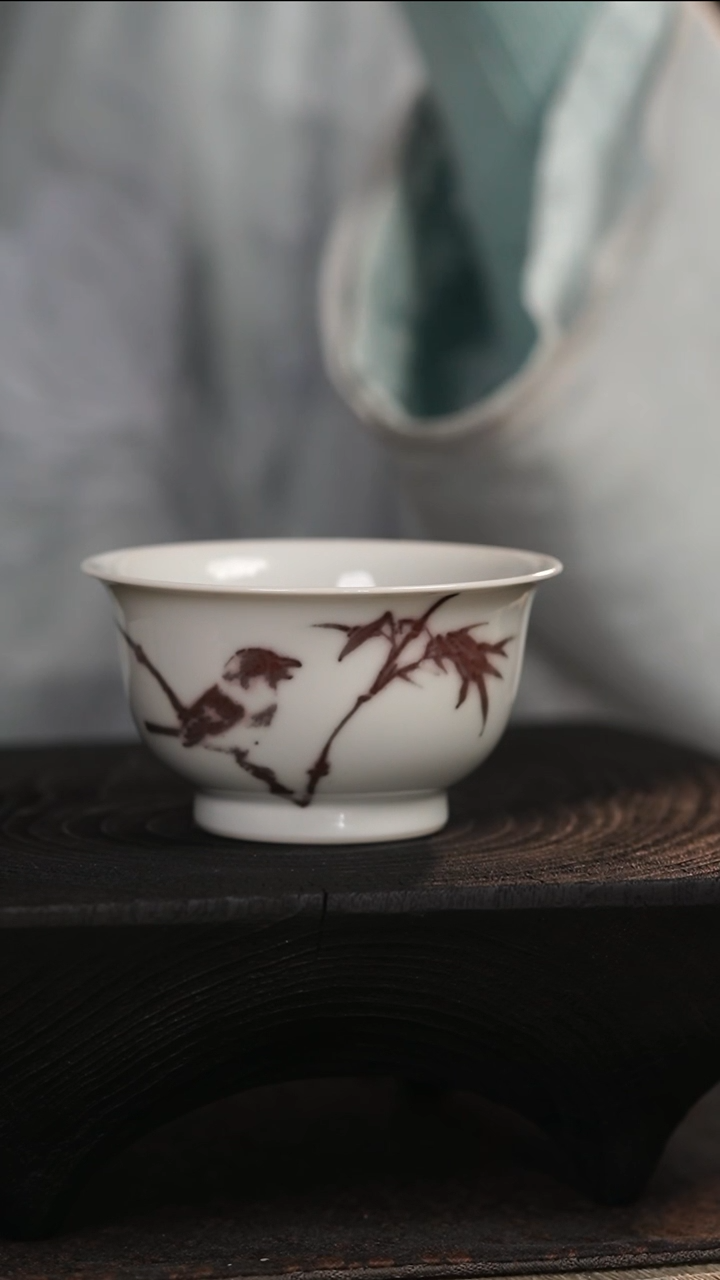 【闪购商品】王长根老师全釉里红诗文花鸟杯