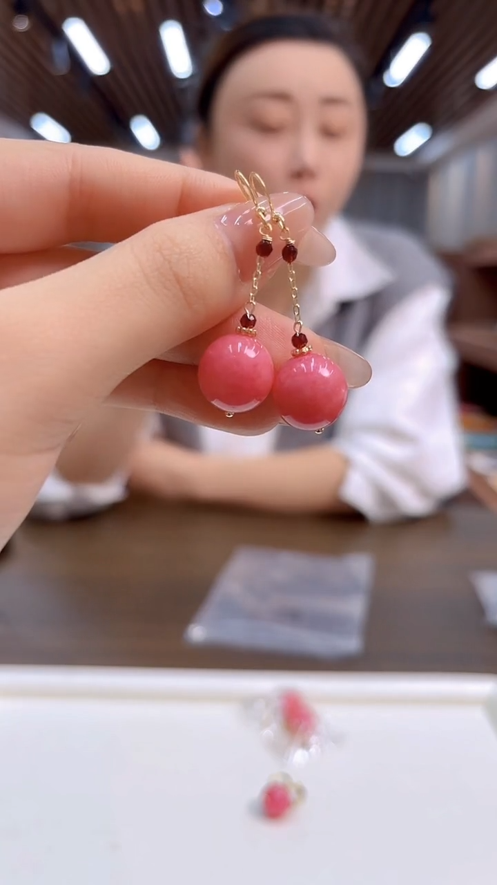 14K金镶嵌菱锰矿（红纹石）耳坠DIY款E613