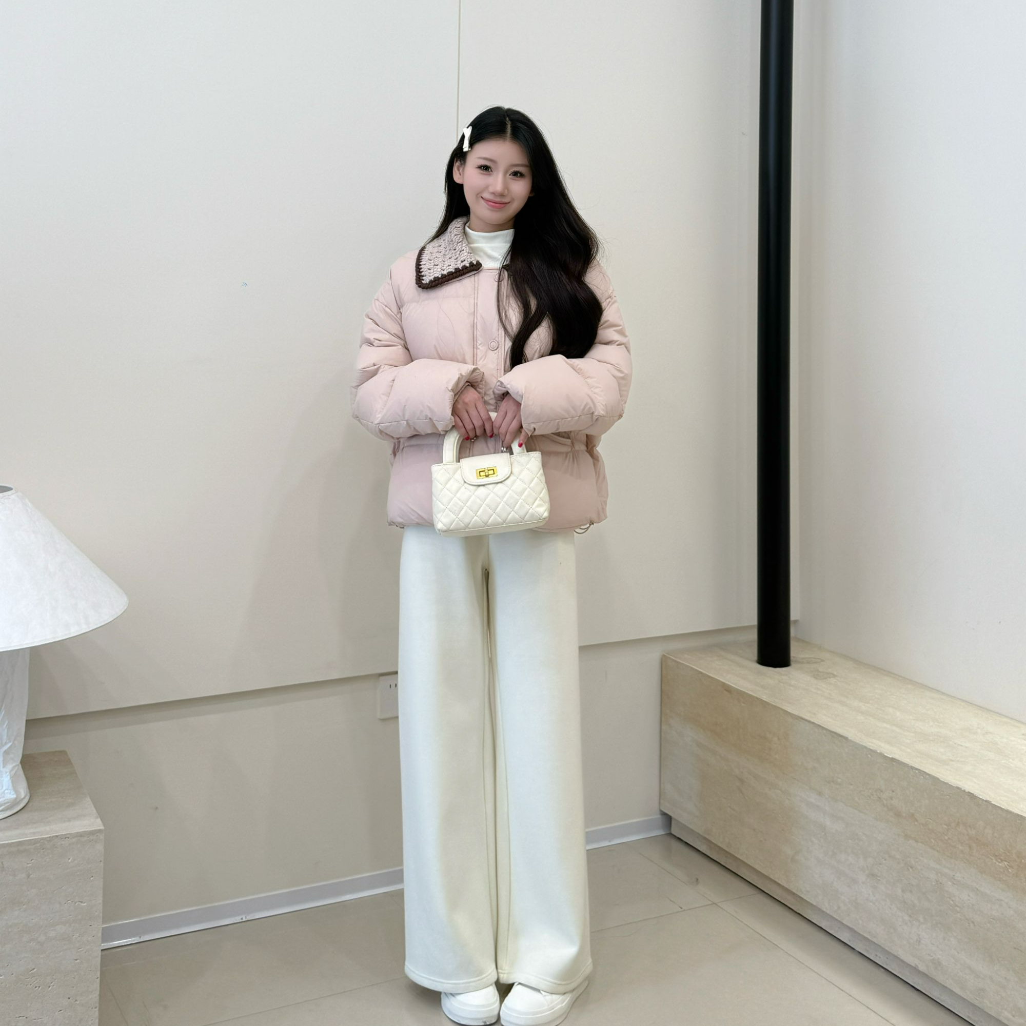 韩系高级感可卸针织翻领小个子保暖外套2025冬新款