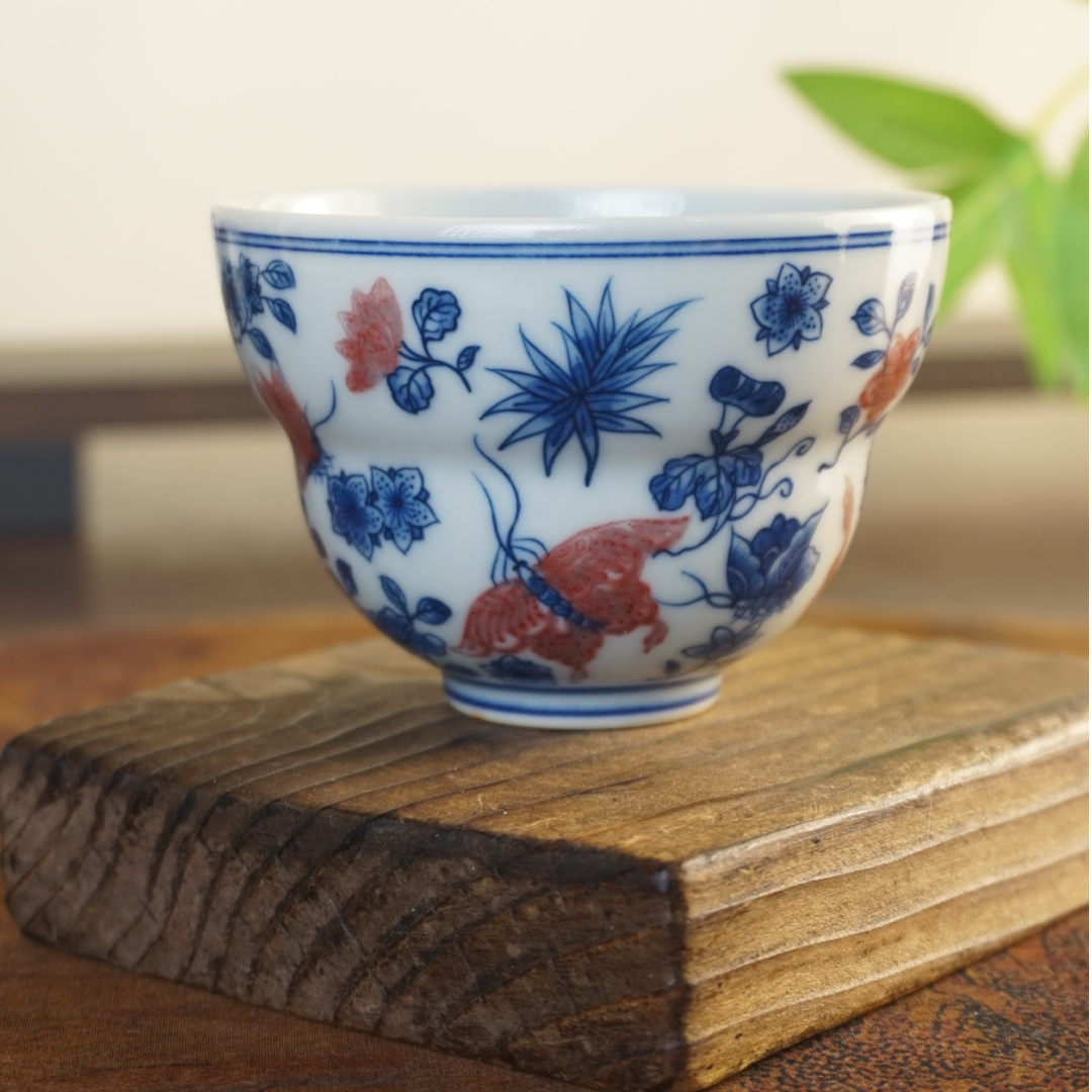 臻玉古坊青花原矿釉里红蝶恋花折腰杯主人杯纯手工手绘葫芦杯茶杯