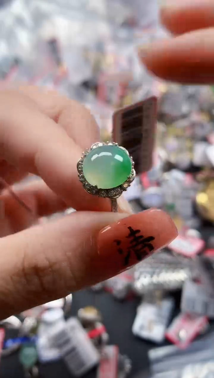 银S925镶嵌戒指翡翠天然A货缅甸翡翠