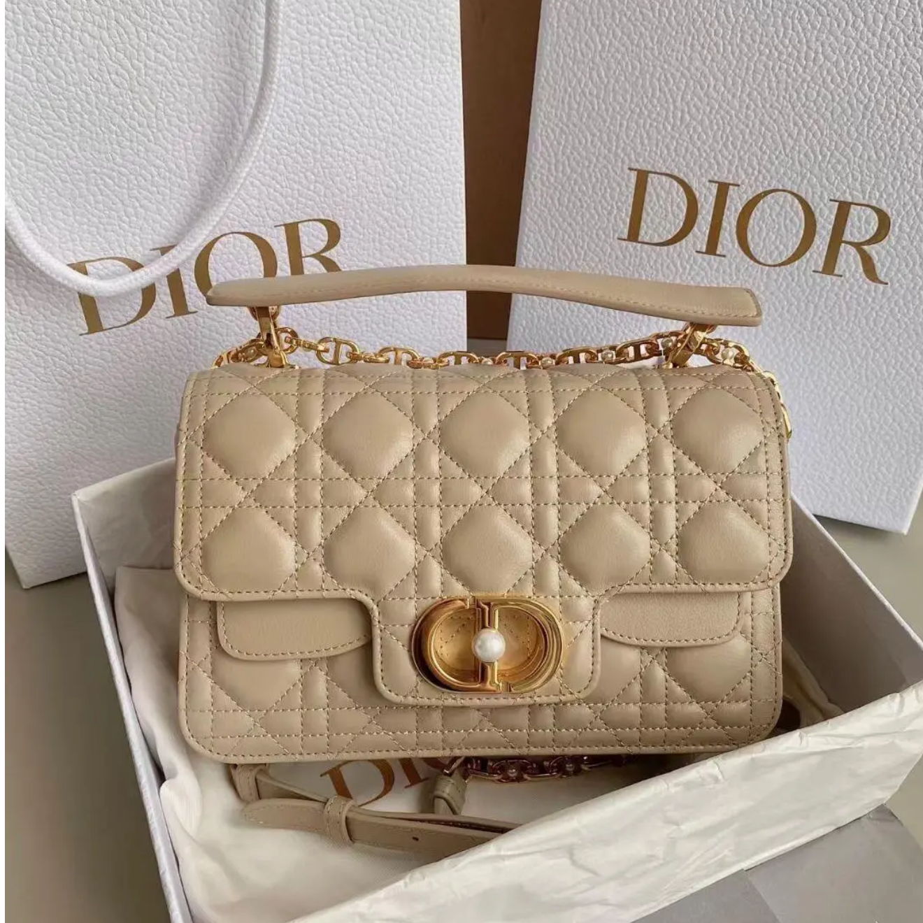 99新 DIOR/迪奥 Jolie牛皮革小号 胭脂米色手提包