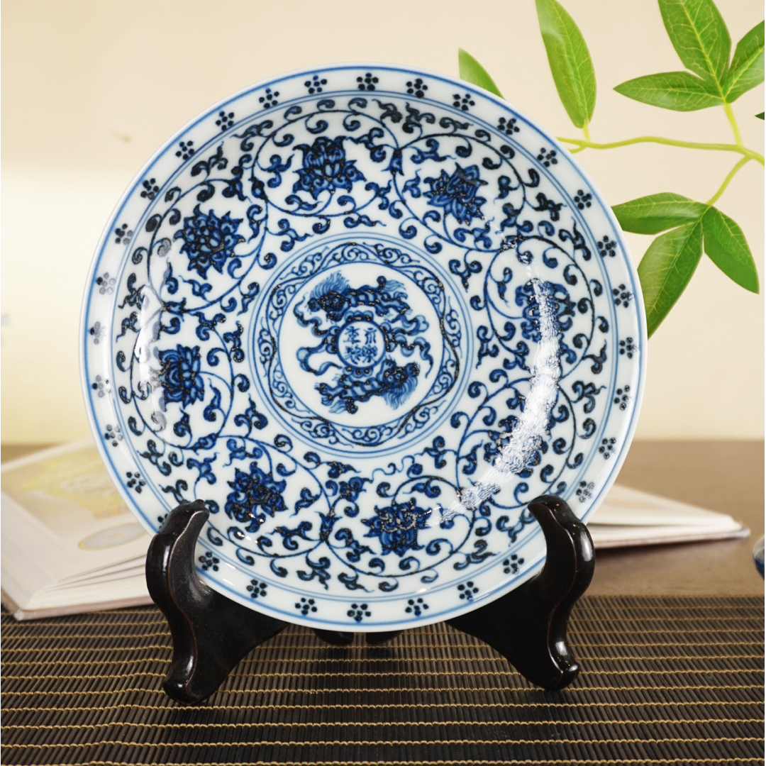 德物小雅150cc纯手工手绘缠枝莲锡斑内绘双狮两才元宝景德镇柴窑