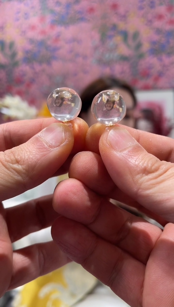 【闪购商品】水晶耳钉18K金镶嵌粉水晶