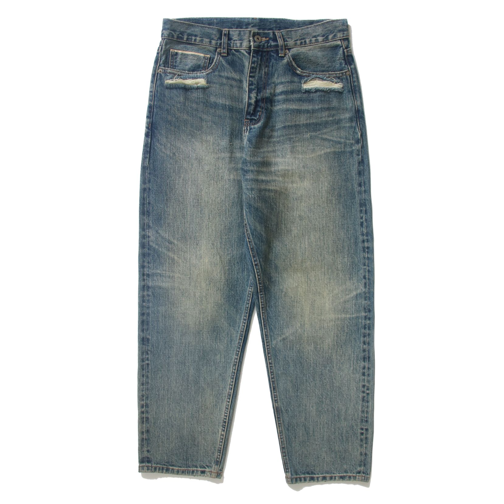 GETY破洞石磨重工牛仔裤全棉赤耳丹宁宽松阔腿微锥15盎司浅蓝百搭