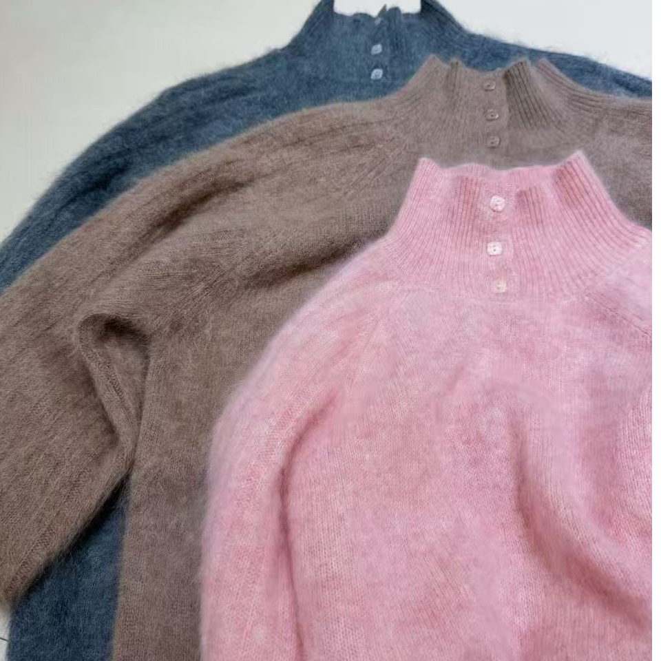 羊毛高领多色小方扣套头毛衣女宽松长袖     旺