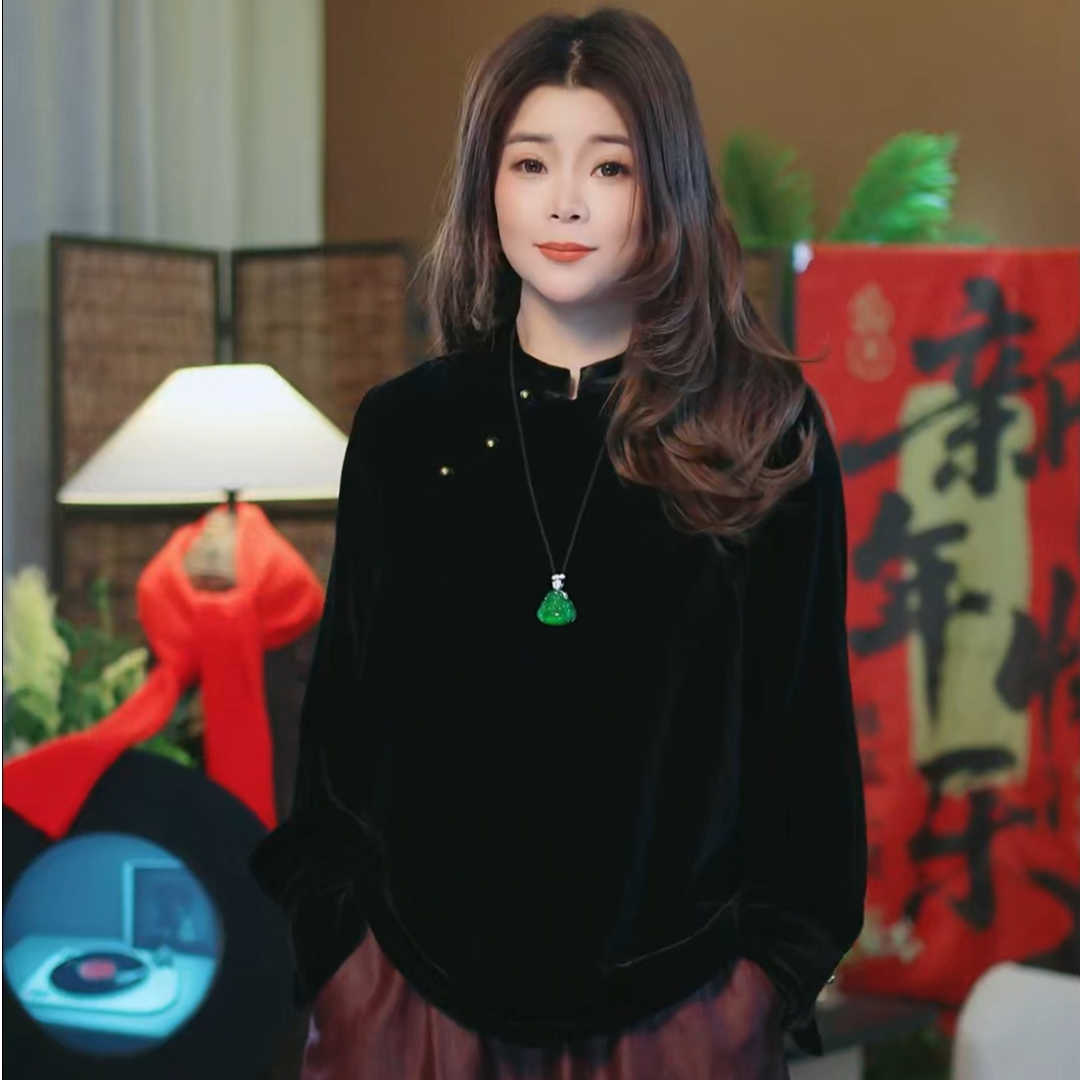 杯子家《新中式桑蚕丝丝绒上衣》百搭显瘦单穿内搭长袖上衣