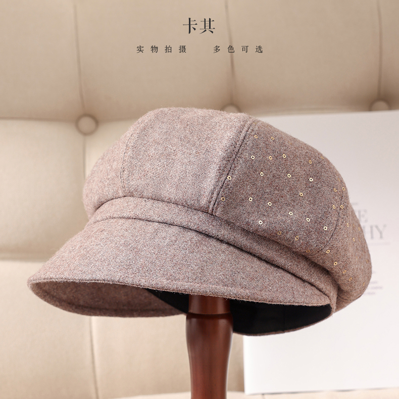 布塔秋冬季羊毛贝雷帽女士八角帽显脸小画家帽时尚百搭亮片PT2155