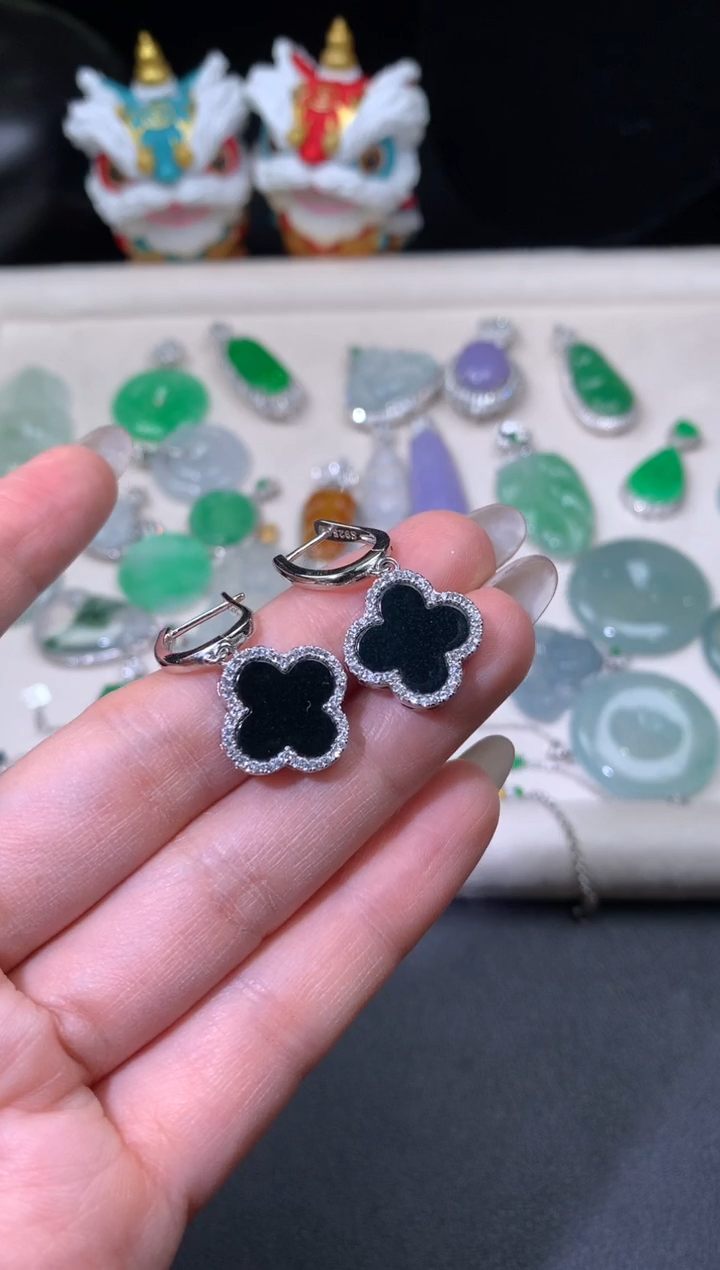 银S925镶嵌翡翠耳饰翡翠