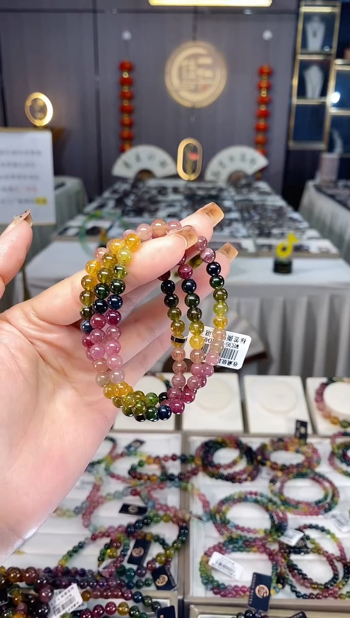 未镶嵌老矿碧玺色标彩虹三圈手串6mm+碧玺dan多样性发货一条